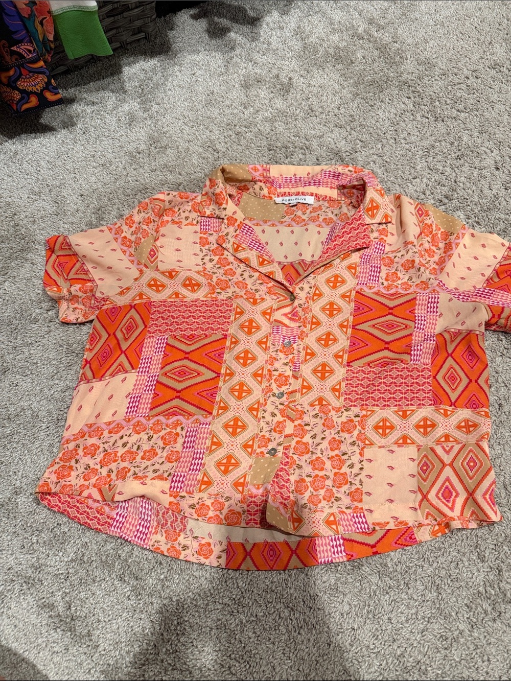 Womens Short-Sleeve Patchwork Print Shirt - Peach & Orange